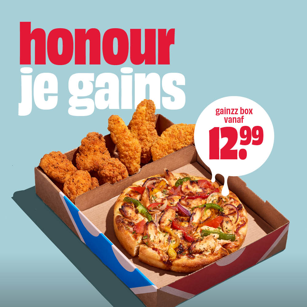 Honour je gains met de Gainzz Box van Dominos, vanaf €12,99.
