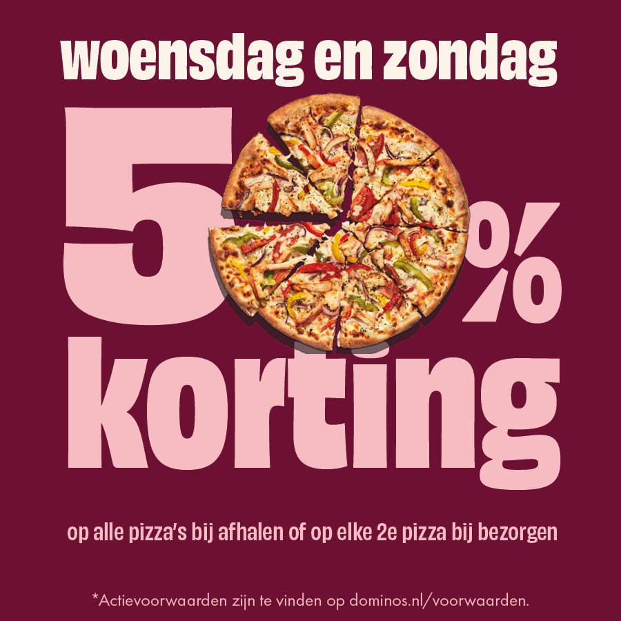 Actie: elke woensdag en zondag 50% korting op je favoriete pizza bij afhalen, en 50% korting op de tweede pizza bij bezorgen.